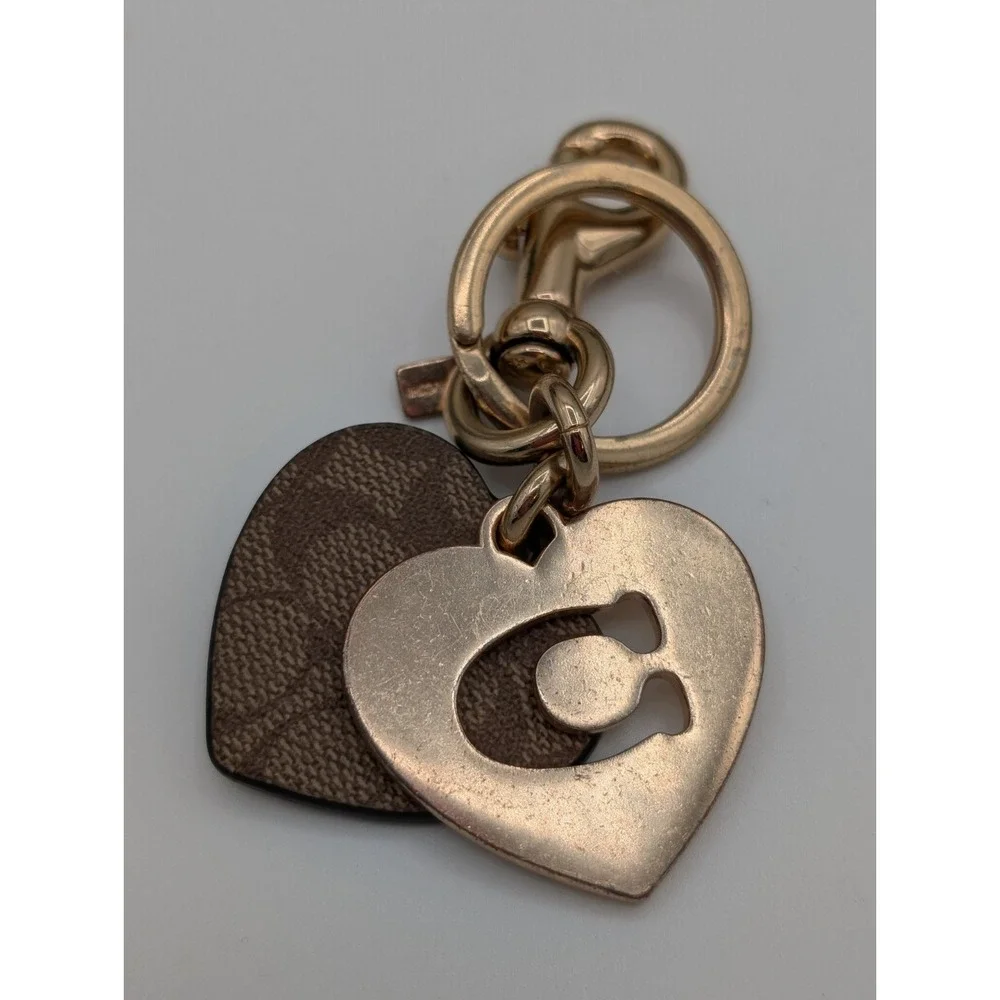 Coach Heart Logo Keychain Gold Tone & Signature Brown Leather Charm Key Ring